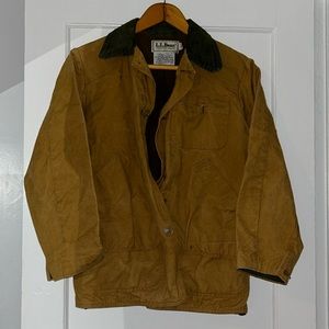 LL bean tan work jacket with green corduroy collar size 36